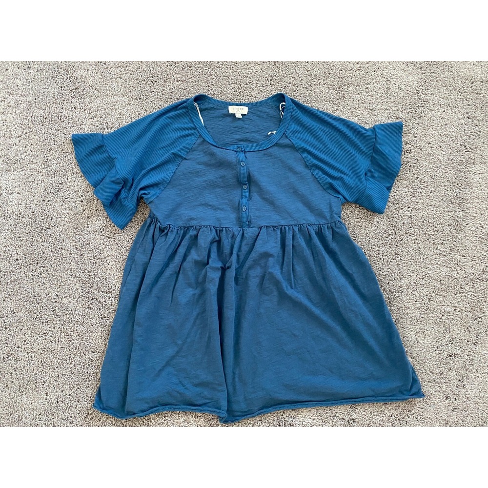 UMGEE Blouse Womens Small Blue Peplum Flutter Short Sleeves Cotton Casual‎
